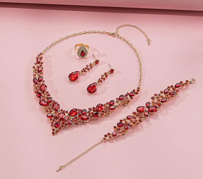 Crystal Bridal Wedding Jewelry Sets for Women Rhinestone Teardrop Crystal Statement Choker Necklace Drop Earrings Link Bracelets Rings Teardrop Jewelry Set for Brides Bridesmaids