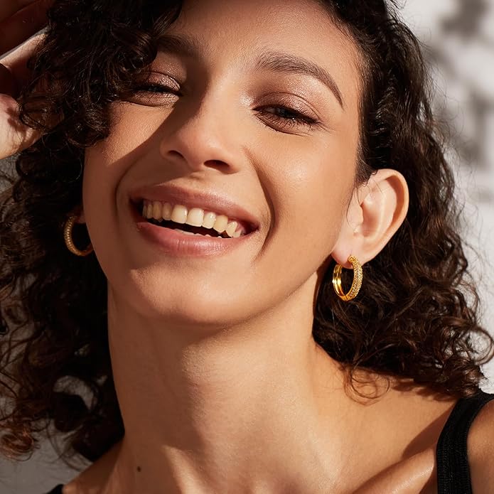 Gold Earrings for Women Girls,14K Gold Plated Hoop Earrings with 925 Sterling Silver Post Cubic Zirconia Stud Earring Huggie Hoops Earrings