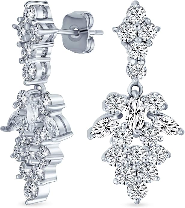 Bridal Jewelry Set Art Deco Vintage Estate Style Cubic Zirconia Marquise Leaf Teardrop AAA CZ Statement Cleavage Choker Necklace & Chandelier Dangle Clip On Or Pierced Earrings For Women Pageant