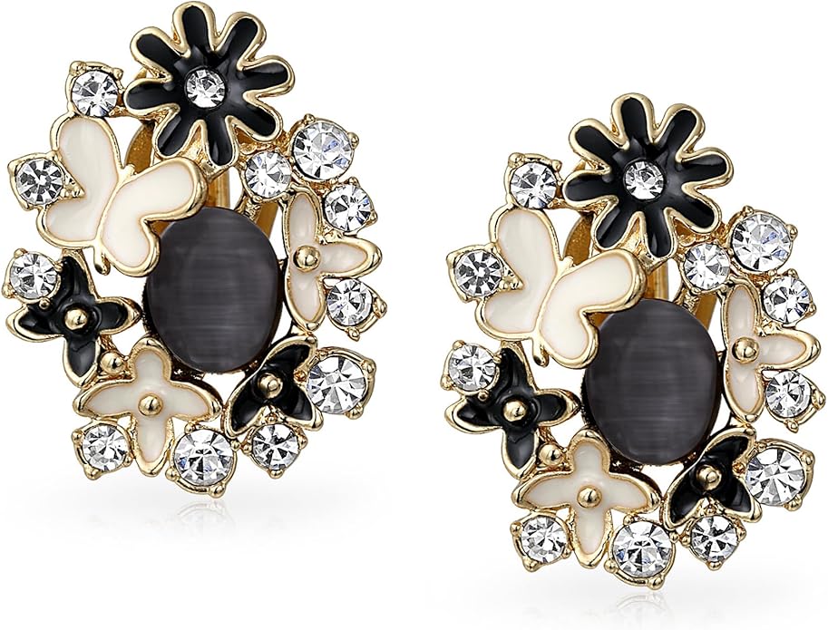 Pink Red Enamel Flower Crystal Edge Spring Retro Floral Rose Clip On Earrings For Women Non Pierced Ears 14K Gold Plated