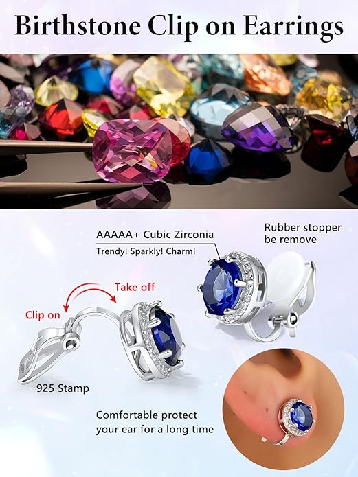 Silvora 925 Silver 8MM Cubic Zirconia Birthstone Clip On Stud Earrings Round Non Pierced Earrings For Women,Come with Box