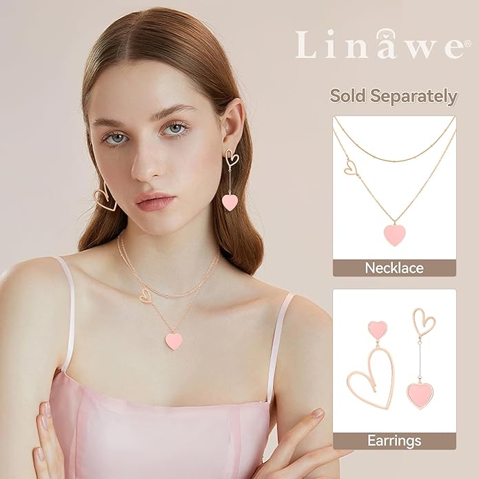 Linawe Layered Choker Heart Pendant Necklace for Women Trendy, Gold/Silver/Rose Gold Chain Stainless Steel Stacked Necklaces, Double Heart Necklace Y2K Preppy Jewelry