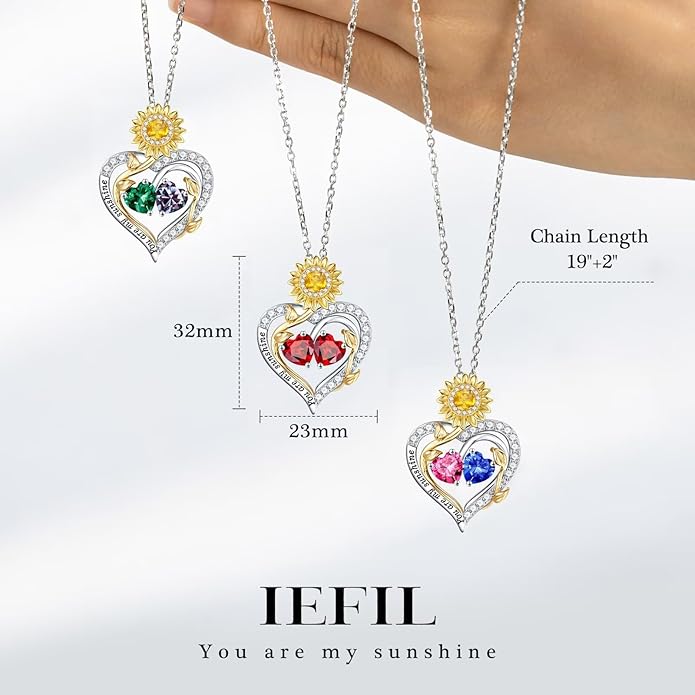 Iefil Valentines Day Gifts for Her - 925 Sterling Silver Sunflower Double Birthstone Necklace for Women, Anniversary Birthday Gifts for Wife, You Are My Sunshine Necklaces, Jewelry for Wife Mom