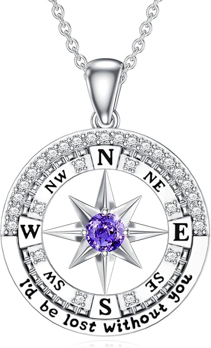 Compass Birthstone Necklace Gift for 2025 Graduation 925 Sterling Silver Compass ‘I'd be Lost Without You’ Pendant Necklaces Jewelry for Women Her Wife Gift for Birthday Anniversary