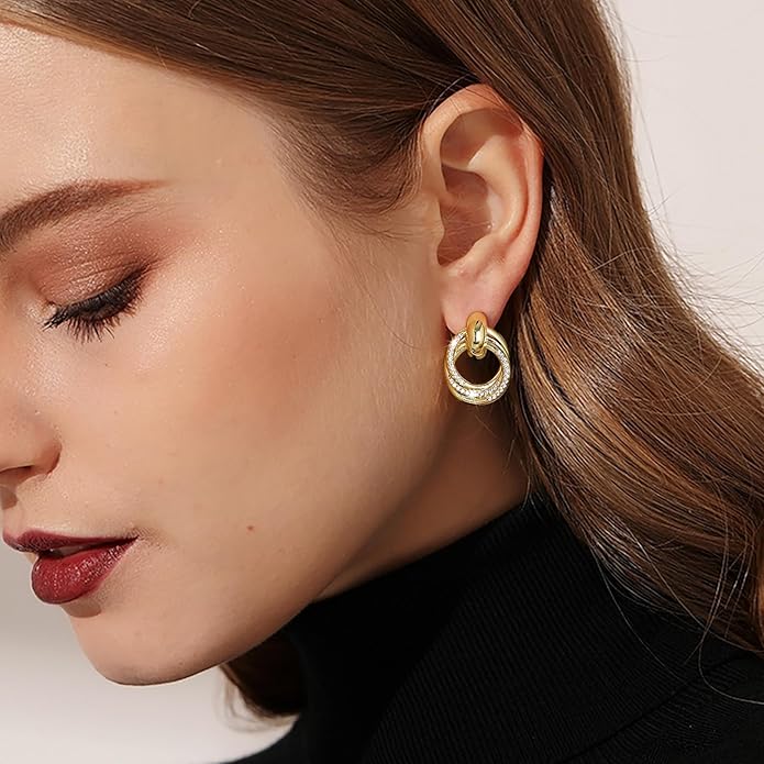 14K Gold Plated Chunky Clip On Earrings for Women 14k Gold Knot Link Clip Earrings Silver Rhinestone Hoop Clip On Earrings Jewelry for Women