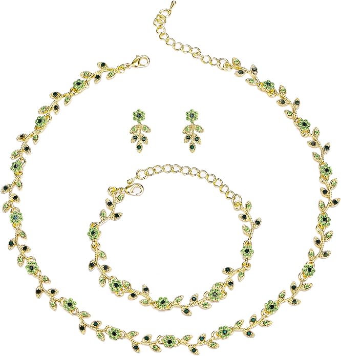 BriLove Wedding Jewelry Set for Women Bride, Gorgeous Stunning Crystal Flower Leaf Cluster Choker Necklace Link Bracelet Stud Earrings Bridal Bridesmaid
