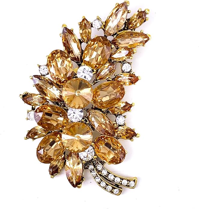 LAXPICOL Vintage Green Austrian Crystal Flower Leaf Bouquet Clusters Large Big Brooch Pin for Women Gold Tone