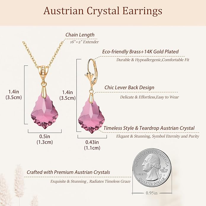 EVEVIC Austrian Crystals Baroque Pendant Necklace Earrings for Women 14K Gold Plated Hypoallergenic Leverback Drop Dangle Earrings Jewelry Set
