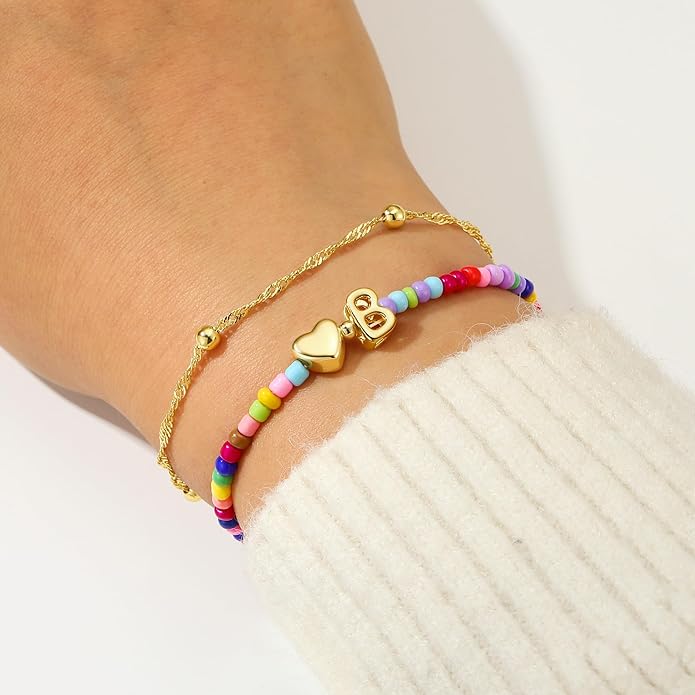Ursteel Valentines Day Gifts for Kids Teen Girls - 14K Gold Plated Beaded Letter A-Z Bracelet, Layered Stretch Initial Bracelets, Women Trendy Bohemian Jewelry Birthday Gifts