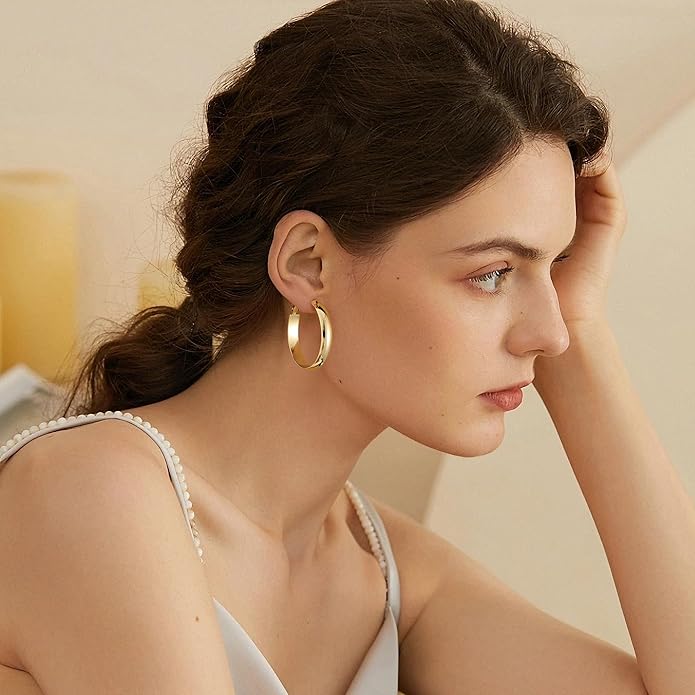 Gacimy 14K Gold Plated Hoop Earrings for Women, 14k Real Gold Plated with 925 Sterling Silver Post, Hypoallergenic Lightweight Thick Hoops Earrings for Women Trendy