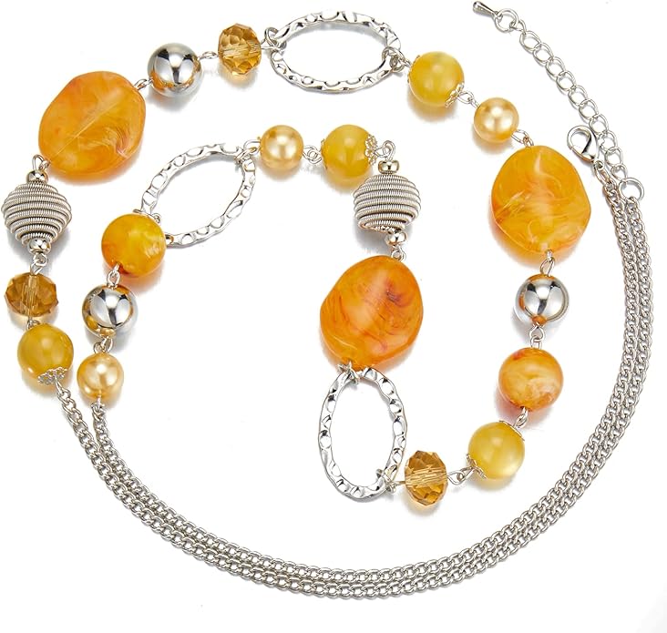 BULINLIN Beaded Long Necklace for Women Silver Sweater Chain Necklace with Crystal Resin Beads, Fashion Jewelry Necklace