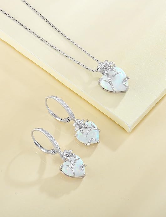 YL Heart Dangle Earrings for Women Sterling Silver Lily Flower Leverback Earrings Created Opal Flower Jewelry