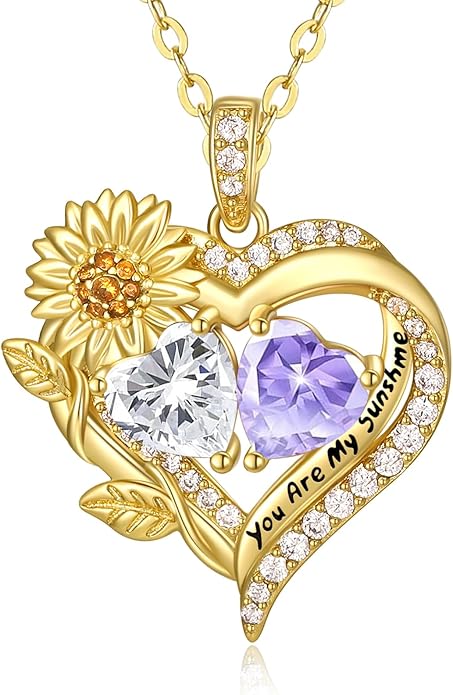 Sunflower Heart Necklace for Women 14K Gold Exquisite Valentines Day Anniversary Birthday Gifts for Wife Mother Her Double Birthstone Pendant Jewelry‘You Are My Sunshine’