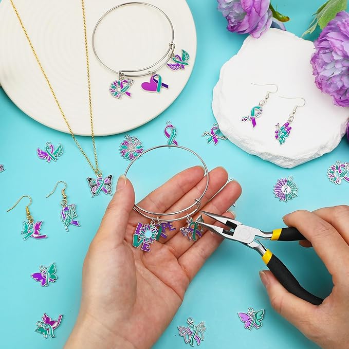 MARFOREVER 40 Pcs/20 Pairs Suicide Awareness Charms, Suicide Prevention Charms Teal Purple Ribbon Pendant for Bracelet Necklace Earrings Making Accessories