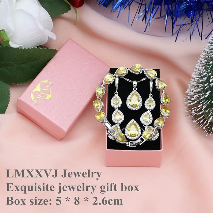 LMXXVJ Necklace Long Earrings Bracelet Set, White Gold Plated Created Blue Sapphire Jewelry Set Wedding Party Gift Jewelry for Women Bridal Bridesmaid