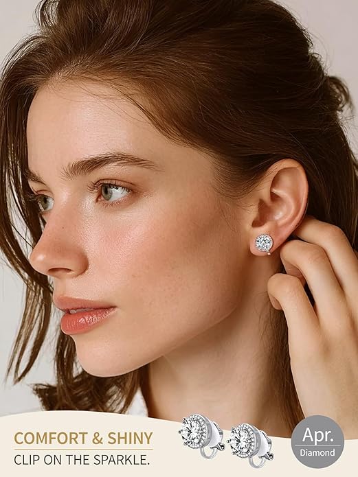 FindChic Sparkling Birthstone Clip On Earrings for Women, Silver Plated Stud Earrings 8MM Cubic Zirconia Non Pierced Studs, 12 Months Birthday Jewelry Gift