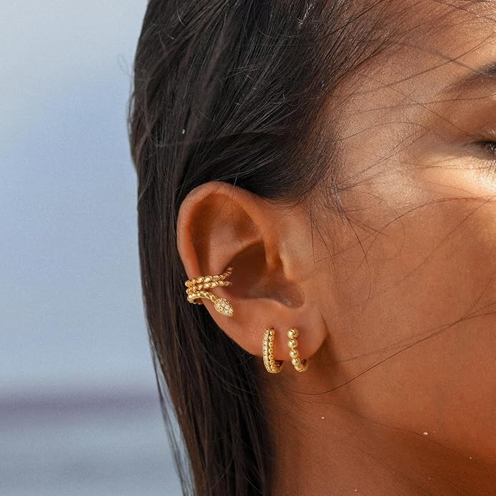 MYEARS Women Earrings Gold Huggie Hoop Ear Stud Cuff 14K Small Simple Hypoallergenic Everyday Jewelry