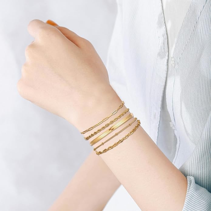 Silver and Gold Bracelets for Women Non Tarnish Waterproof Gold bracelet stack set, Adjustable 6.5"+2" Extender, Layered Bracelets for Women，Exquisite Jewelry Gift
