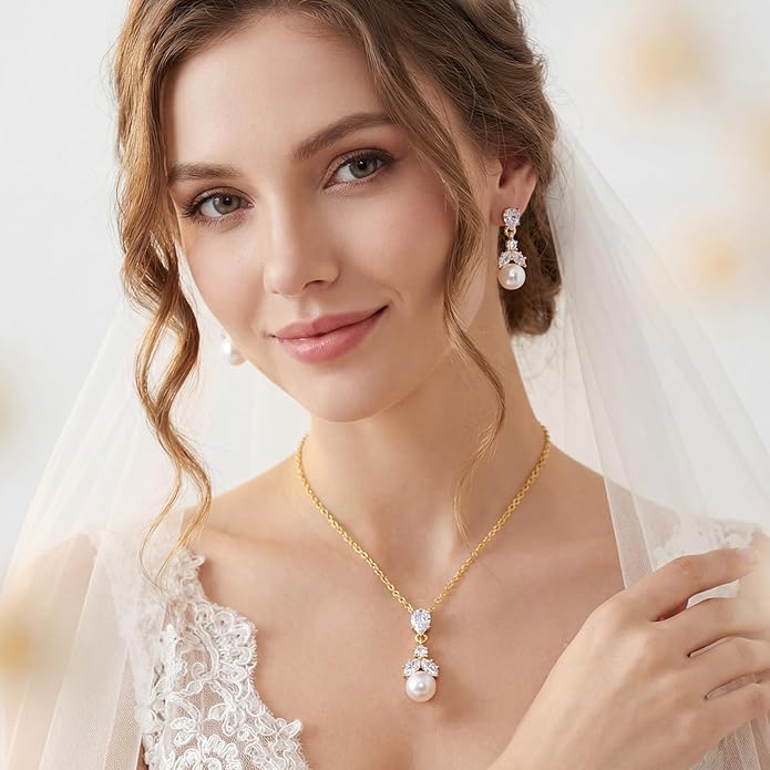 Hadskiss Wedding Jewelry Sets for Women/Brides/Bridesmaids, Cubic Zirconia Pearl Necklace Earrings Bracelet Set 18K Gold Plated Hypoallergenic Jewelry for Wedding Prom Party