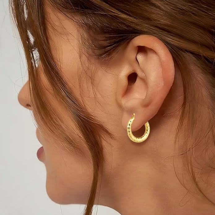 Gold Plated Hoop Earrings for Women 14K Gold Plated Earrings for Women Hypoallergenic Lightweight Wrinkle Texture Earrings Womens 20mm/25mm/30mm