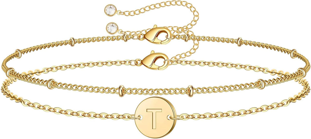 MONOZO Gold Initial Bracelets for Women Girls Valentines Day Gifts - Dainty 14K Gold Plated Layered Beaded Letter Initial Bracelet 26 Alphabet Disc Monogram Charm Bracelet Valentines Day Gifts for Her