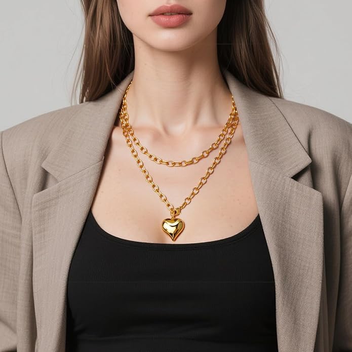 16k Gold Plated Chunky Statement Necklace for Women, Bold Thick Layered Puffy Heart Design, Long Gold Jewelry, Trendy Women's Fashion Necklace