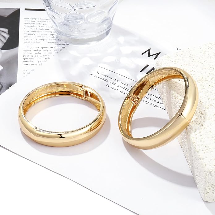 2Pcs Bangle Bracelets for Women Gold Arm Cuff 14k Gold Plated Chunky Gold Bangle Set Hinged Cuff Bracelets Trendy Arm Cuff Jewelry for Women