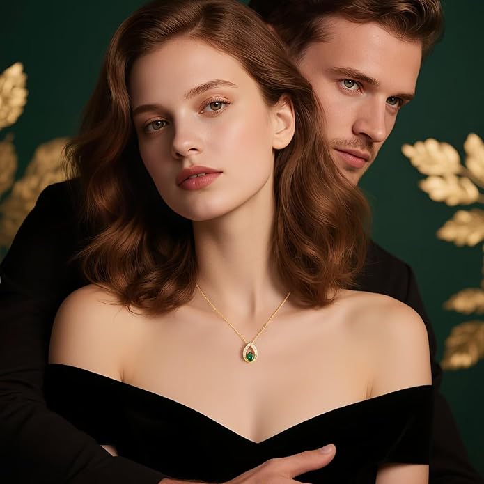 Iefil Valentines Day Gifts for Her - 14K Gold Plated Birthstone Necklace for Women, 925 Sterling Silver Teardrop Necklace, Anniversary Birthday Gifts for Wife Girlfriend Mom