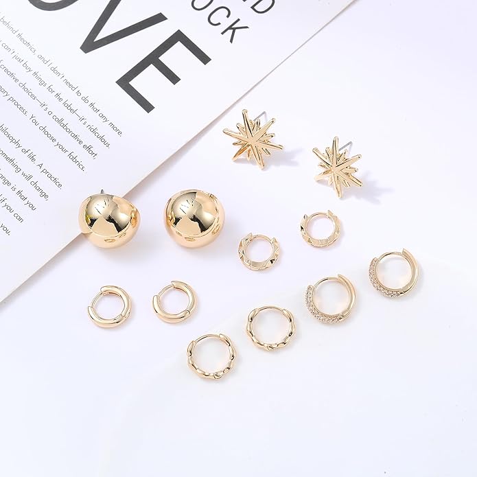 6 Pairs Gold Hoop Earrings Set for Women, 14K Gold Plated Small Huggie Hoops Earrings Hypoallergenic, Lightweight Tiny Cartilage Piercings Earrings Jewelry for Women Gifts.