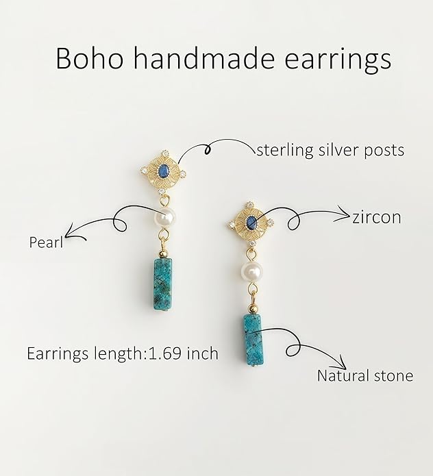 Hupplle Handmade Vintage Boho Dangle Earrings with Natural Stone Crystal Pearl Lightweight Hypoallergenic Elegant Jewelry Gifts for Women