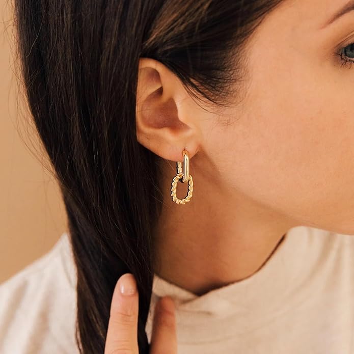 CAITLYNMINIMALIST 18K Gold Sterling Silver Double Link Drop Pave Duo Hoop Huggie Earrings Bold Jewelry for Women
