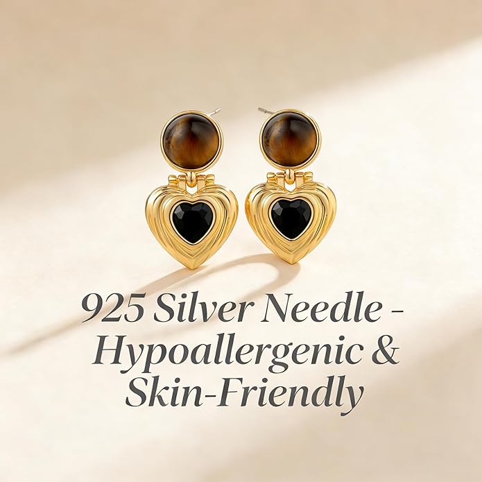 Black/White/Red/Green/Blue/Brown Heart Earrings for Women, Gold Plated Vintage Gold Earrings with Hypoallergenic Posts,Lightweight Black and Gold Dangle Statement Jewelry, Gift for Women—Girlfriend Wife Mom for Wedding, Party, Valentines Day Gifts for Her