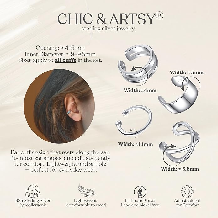 CHIC & ARTSY 925 Sterling Silver Ear Cuffs for Women, Non Piercing Clip On Cartilage Cuffs, Adjustable Fake Conch & Helix Earrings, Gold Plated & Oxidized Various Styles