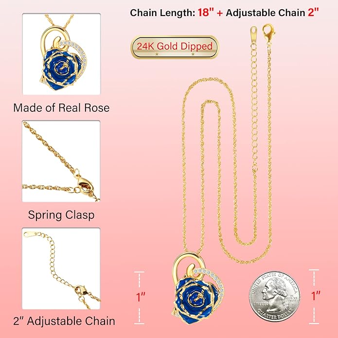 AliveRose Real Rose Gold Dipped Necklace Gifts for Women, 24K Gold Dipped Rose Pendant Necklace Jewelry Mothers Day Anniversaries Birthday Christmas Special Occasions Gifts for Her Mom Wife