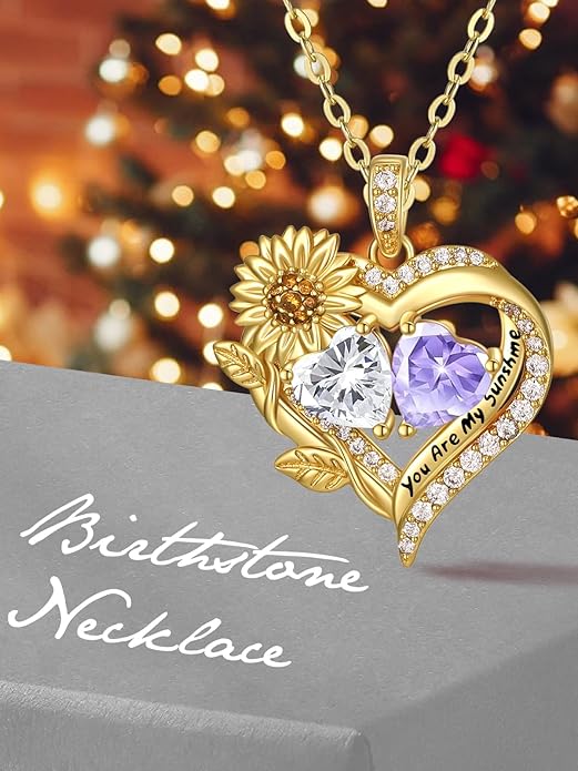Sunflower Heart Necklace for Women 14K Gold Exquisite Valentines Day Anniversary Birthday Gifts for Wife Mother Her Double Birthstone Pendant Jewelry‘You Are My Sunshine’