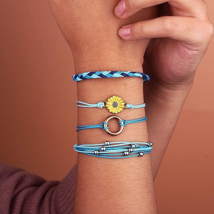 FANCY SHINY Sunflower String Bracelet Boho Braided Rope Wrap Bracelets Cute Summer Beach Surfer Jewelry for Women