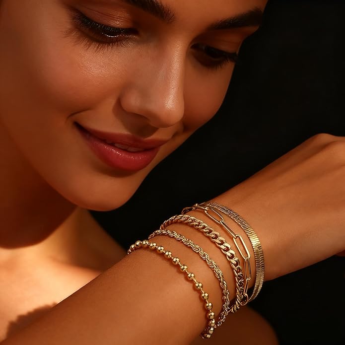 Gold Bracelets for Women, 18K Gold Plated Dainty Paperclip Link Chain Bracelets Thin Cute Stackable Bracelet Pack Fashion Accessories Gifts for Women