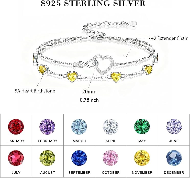 Prismata Infinity Birthstone Charm Link Bracelet 925 Sterling Silver Adjustable 12 Months Birthstone Infinity Bracelet Birthday Jewelry Gifts for Women Mom Her,with 7"+2" chain