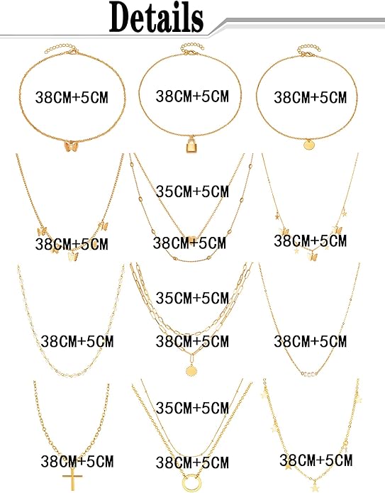 12pcs Chain Gold Bead Necklace Coin Moon Star Pearl Pendant Chain Choker Multilayer Necklace Leather Cord Set for Women Men Adjustable Gold Tone