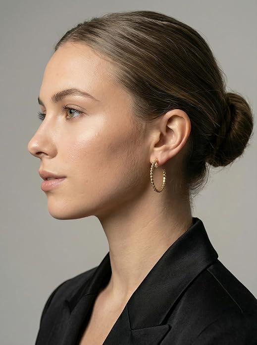 FAN&LOUIS 24K Gold Plated Hoop Clip On Earrings for Women, Gold Beaded Hoop Trendy Hypoallergenic Non Pierced Earrings Painless Lightweight 38mm Clip-On Earrings