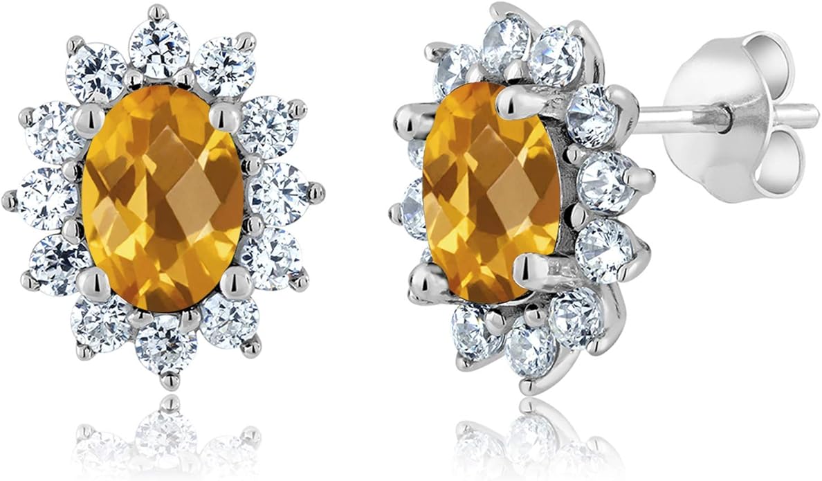 Gem Stone King 7X5MM Oval Gemstone Birthstone Stud Earrings For Women | Princess Diana Royal Halo Style | 925 Sterling Silver | Fine Jewelry Gifts for Anniversary Wedding Her Mom Women Wife