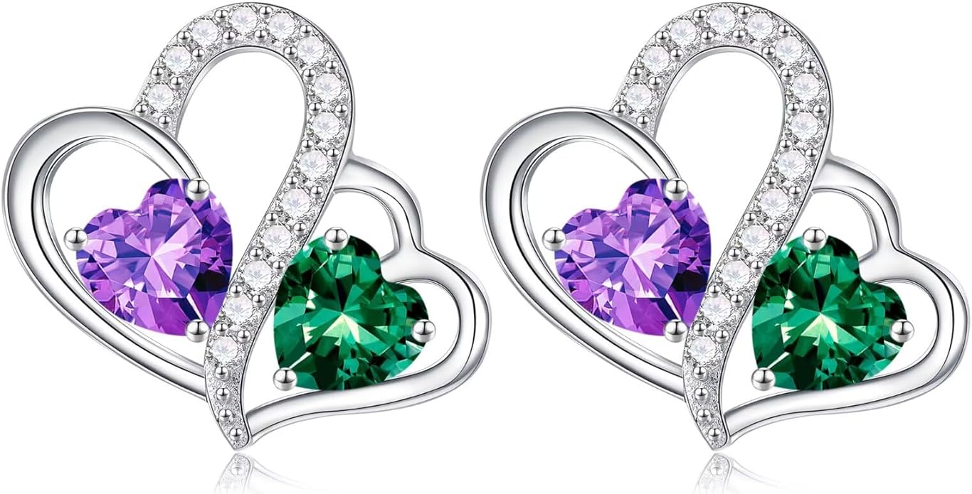 Iefil Valentines Day Gifts for Her - Birthstone Earrings Gift for Women, 925 Sterling Silver Double Heart Birthstone Earrings | Anniversary Birthday Gifts for Women, Personalized Jewelry for Wife Mom
