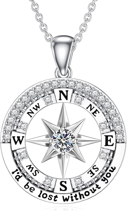 Compass Birthstone Necklace Gift for 2025 Graduation 925 Sterling Silver Compass ‘I'd be Lost Without You’ Pendant Necklaces Jewelry for Women Her Wife Gift for Birthday Anniversary
