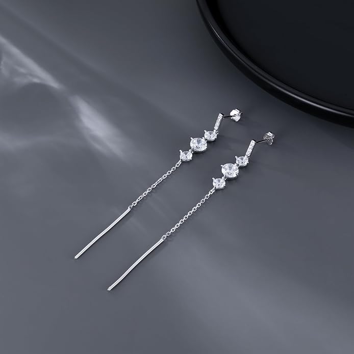 SLUYNZ 925 Sterling Silver CZ Dangle Earrings Chain for Women Teens Long Dangle Earrings Tassel with Snake Chain Backs