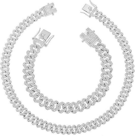 HH BLING EMPIRE 14k Gold/Silver Cuban Link Chain for Women Iced Out Diamond Chunky Cuban Link Necklace Chain Bracelet 2pcs Sets