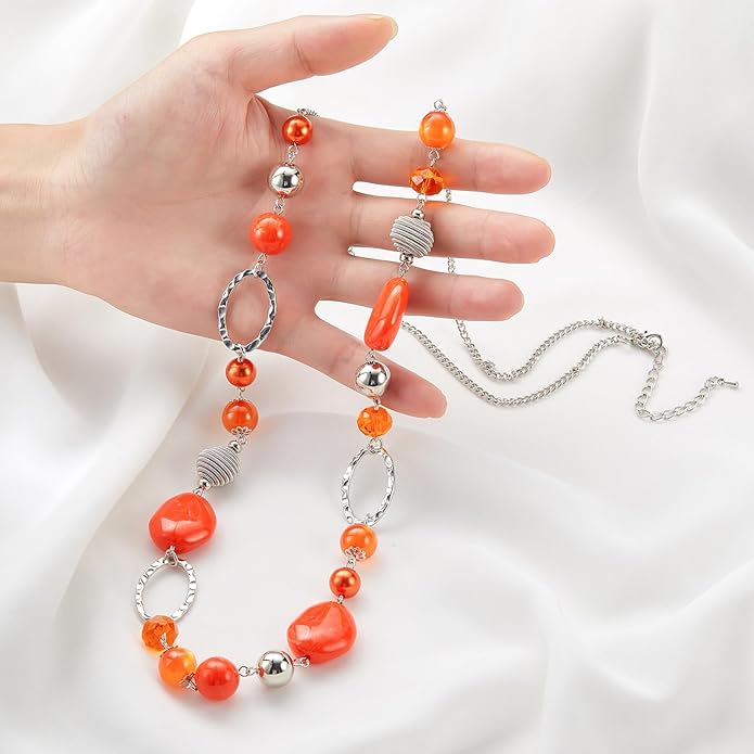 BULINLIN Beaded Long Necklace for Women Silver Sweater Chain Necklace with Crystal Resin Beads, Fashion Jewelry Necklace