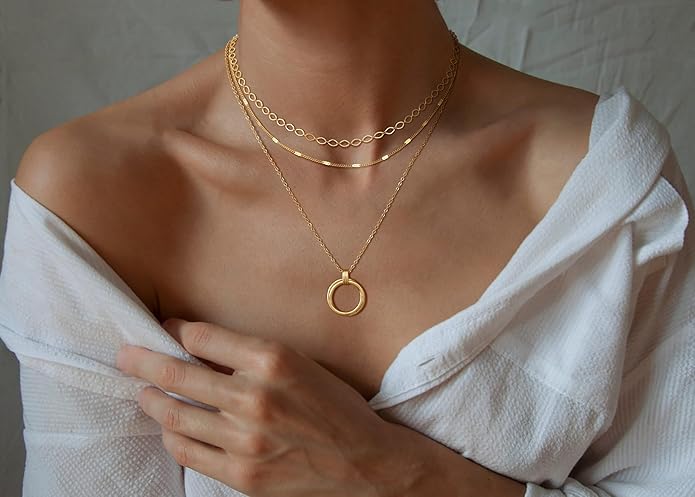 NECOCY Valentine's Day Gift 14k Gold/Silver Plated Layered Gold Necklaces for Women, 3Pcs Dainty Herringbone Choker Set, Trendy Stack Simple Chain Layering Pendant Jewelry