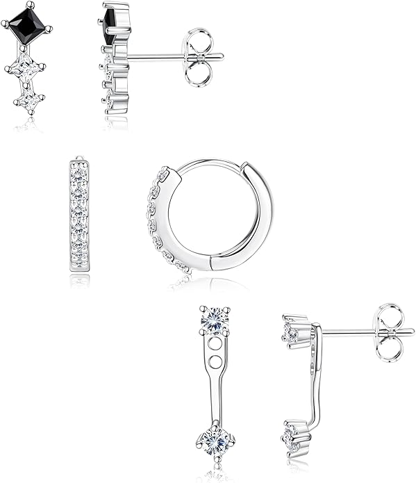 FIASASO 3 Pairs 925 Sterling Silver Hypoallergenic Earrings for Women Trendy - 14K Gold Plated Stud Hoop Cartilage Earrings Set Small Earring Stacks for Sensitive Ears Non Tarnish Dainty Silver Earring