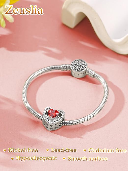 Heart Birthstone Charms for Bracelets, 925 Sterling Silver Women Bead Charms for Charm Bracelets Necklace, Mother's Day Birthday Anniversary Jewelry Gifts for Wife Mom Grandma Daughter