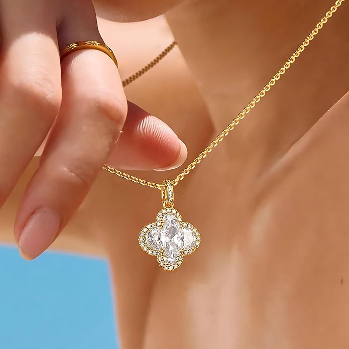 Fettero Christmas Necklace for Women Trendy 14K Gold Plated Dainty Diamond Necklace Charm CZ Clover Star Pendant Necklaces Simple Jewelry Gold Necklace for Women
